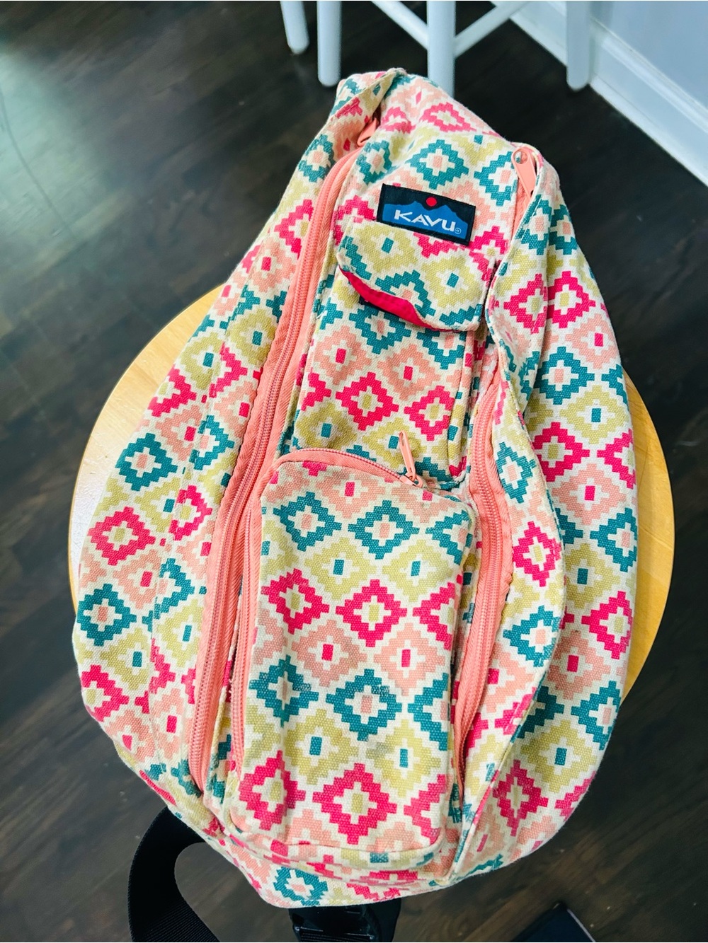 Kavu Geometric Sling Bag in Pink, Teal & Cream